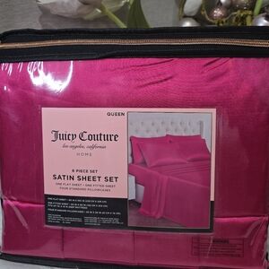 Juicy Couture Queen Hot Pink Satin 6piece Sheets Set. new